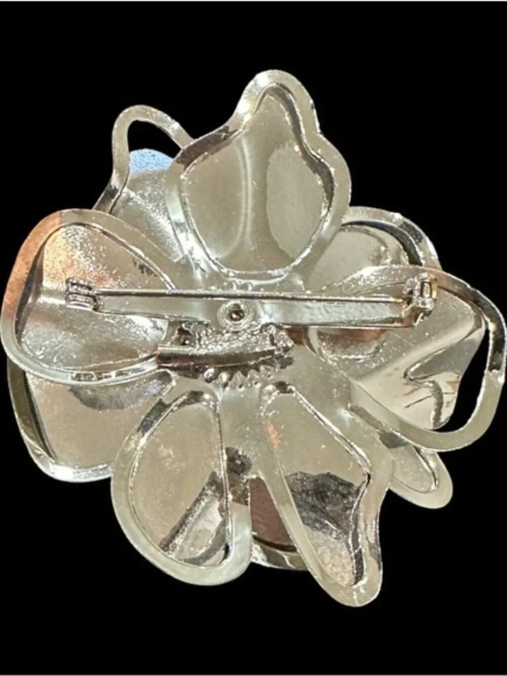 Vintage Brooch Flower Shaped AB Crystal Center Gold Silver Tone Costume Jewelry
